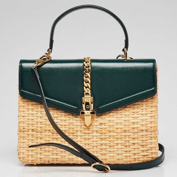 Gucci Handbags - Gucci Green Leather/Wicker Sylvie Small Top Handle Bag